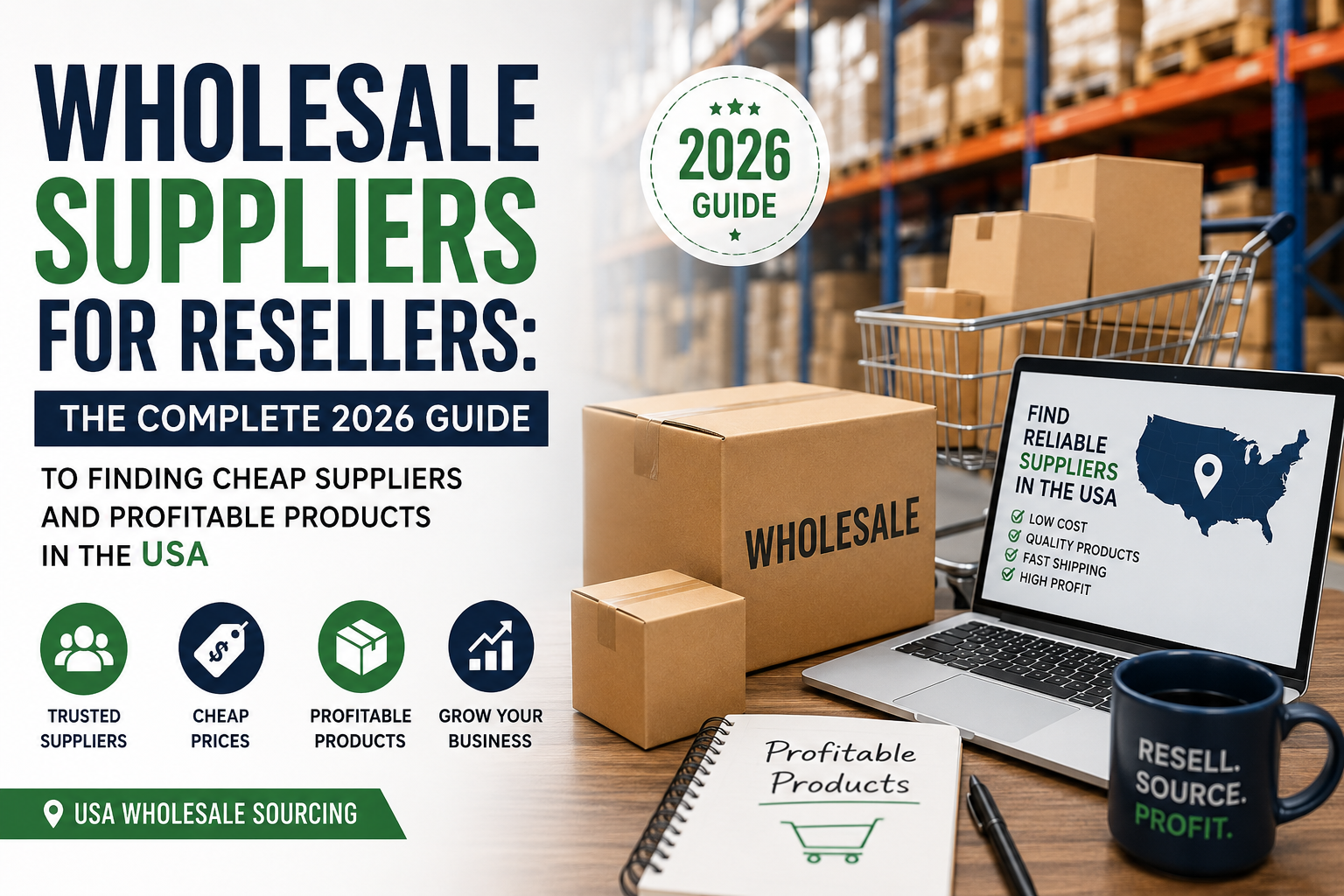 Warehouse and wholesale sourcing illustration showing suppliers, shipping boxes, and profitable product sourcing for Wholesale Suppliers for Resellers in the USA.